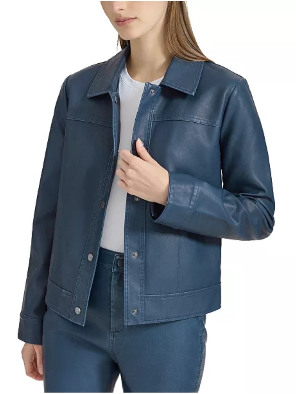 Andrew Marc Faux Leather Snap-Front Trucker Jacket in Midnight Blue